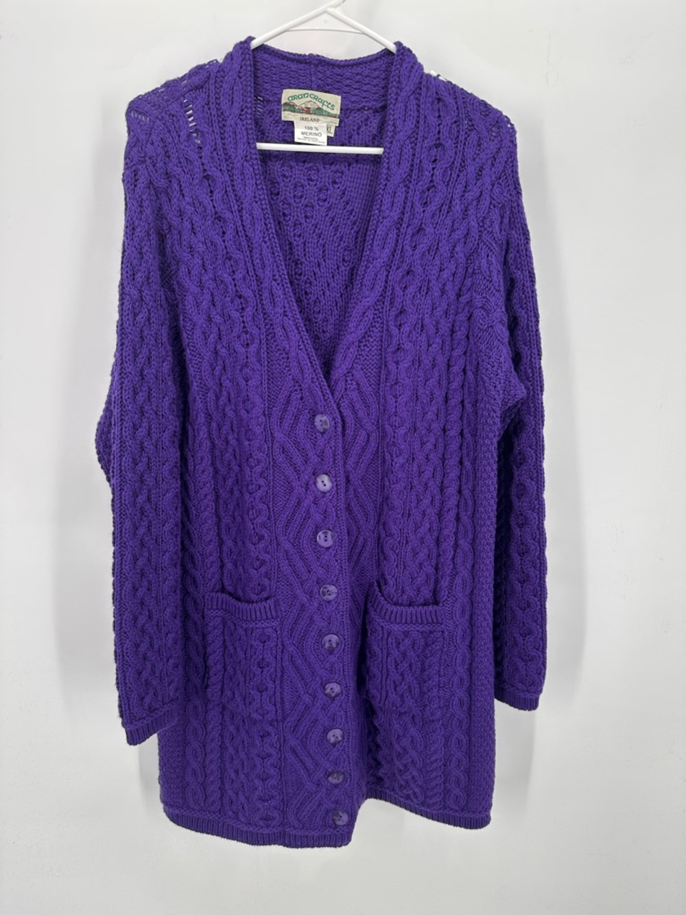 Aran Crafts Cardigan Women’s XL Irish Knit 100% Merino Wool Purple Vintage 90’s